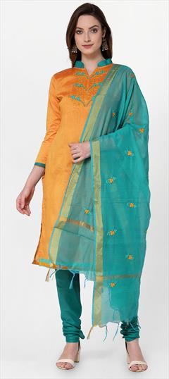 Festive, Party Wear Yellow color Salwar Kameez in Cotton fabric with Churidar, Straight Embroidered, Thread work : 1759016