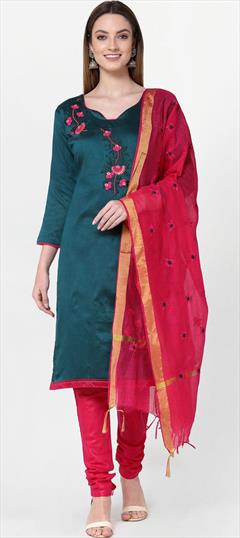 Festive, Party Wear Blue color Salwar Kameez in Cotton fabric with Churidar, Straight Embroidered, Thread work : 1759020