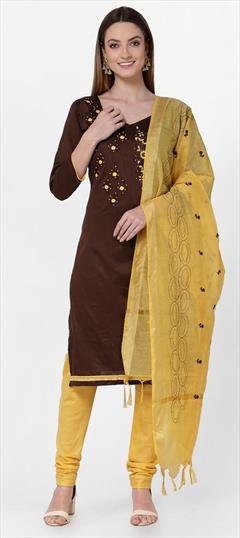 Festive, Party Wear Beige and Brown color Salwar Kameez in Cotton fabric with Churidar, Straight Embroidered, Thread work : 1759025