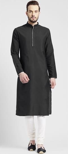 Black and Grey color Kurta Pyjamas in Dupion Silk fabric with Embroidered, Thread work : 1759144