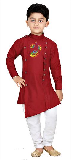 Red and Maroon color Boys Kurta Pyjama in Dupion Silk fabric with Embroidered, Thread work : 1759251