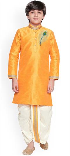 Yellow color Boys Dhoti Kurta in Dupion Silk fabric with Embroidered, Thread work : 1759257