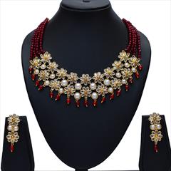 Red and Maroon color Necklace in Metal Alloy studded with Beads, Kundan & Gold Rodium Polish : 1759646