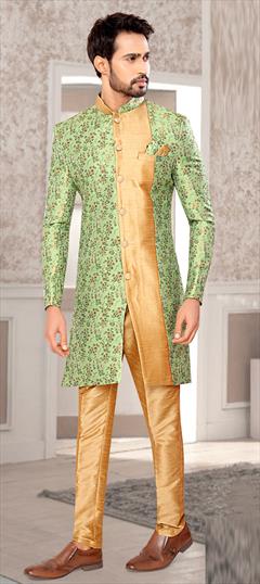 Green color IndoWestern Dress in Brocade fabric with Floral, Printed, Weaving work : 1759930