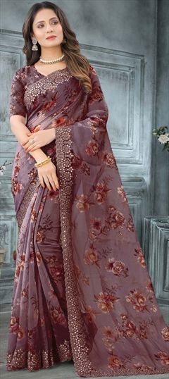 Traditional, Wedding Purple and Violet color Saree in Organza Silk, Silk fabric with South Embroidered, Mirror, Resham, Thread work : 1759977