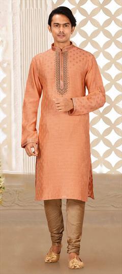 Orange color Kurta Pyjamas in Linen fabric with Thread, Zardozi work : 1760125