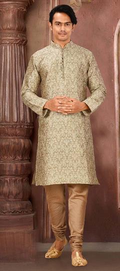 Beige and Brown color Kurta Pyjamas in Jamawar fabric with Thread work : 1760247