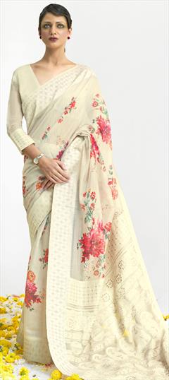 Casual, Traditional Beige and Brown color Saree in Linen fabric with Bengali Embroidered, Floral, Printed work : 1760260