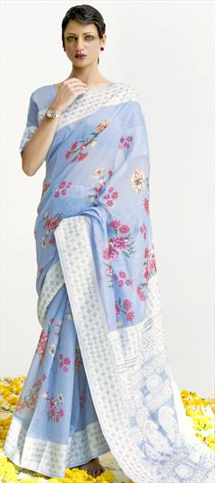 Casual, Traditional Blue color Saree in Linen fabric with Bengali Embroidered, Floral, Printed work : 1760261