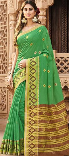 Traditional Green color Saree in Cotton fabric with Bengali Weaving work : 1760461