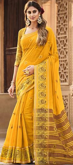 Traditional Yellow color Saree in Cotton fabric with Bengali Weaving work : 1760463