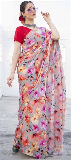 Casual, Traditional Multicolor color Saree in Satin Silk, Silk fabric with South Digital Print, Floral work : 1760490