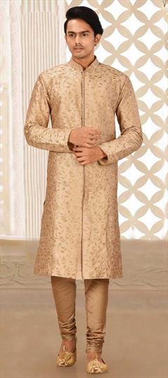 Beige and Brown color Kurta Pyjamas in Art Dupion Silk fabric with Embroidered, Thread work : 1760599