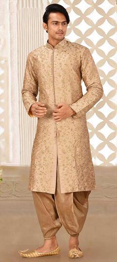 Beige and Brown color Dhoti Sherwani in Art Dupion Silk fabric with Embroidered, Thread work : 1760625