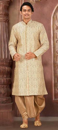 Beige and Brown color Dhoti Sherwani in Art Dupion Silk fabric with Embroidered, Thread work : 1760629