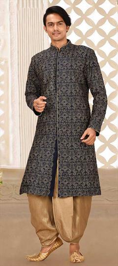 Blue color Dhoti Sherwani in Art Dupion Silk fabric with Embroidered, Thread work : 1760632