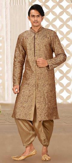 Beige and Brown color Dhoti Sherwani in Art Dupion Silk fabric with Embroidered, Thread work : 1760636