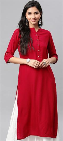 Casual Red and Maroon color Kurti in Rayon fabric with Long Sleeve, Straight Thread work : 1760851