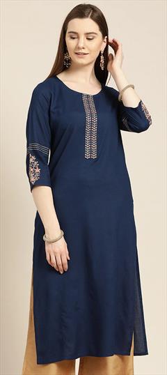 Casual Blue color Kurti in Rayon fabric with Long Sleeve, Straight Embroidered, Thread work : 1760852