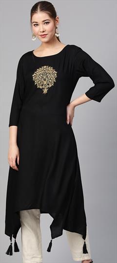 Casual Black and Grey color Kurti in Rayon fabric with Asymmetrical, Long Sleeve Embroidered, Thread work : 1760853