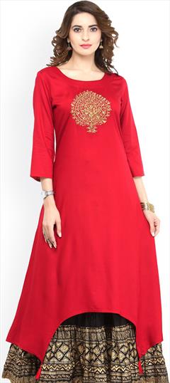 Casual Red and Maroon color Kurti in Rayon fabric with A Line, Asymmetrical, Long Sleeve Embroidered, Thread work : 1760855