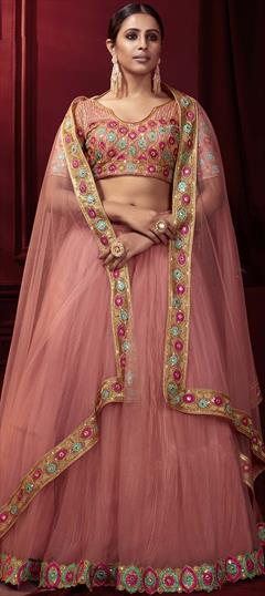 Festive, Wedding Pink and Majenta color Lehenga in Net fabric with A Line Embroidered, Mirror, Sequence, Thread, Zari work : 1761411