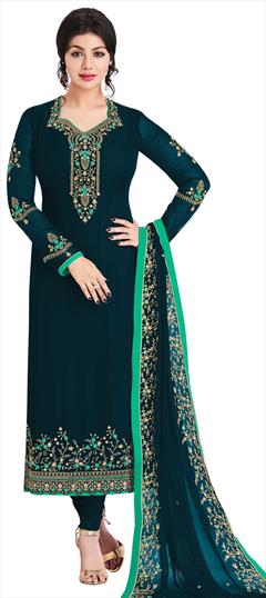 Bollywood Blue color Salwar Kameez in Faux Georgette fabric with Straight Embroidered, Resham, Stone, Thread, Zari work : 1761453