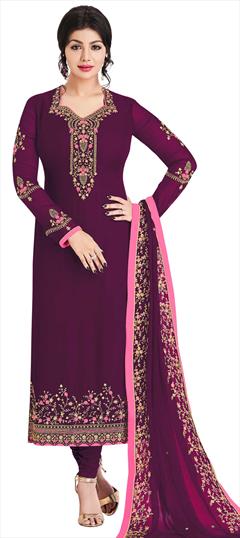 Bollywood Purple and Violet color Salwar Kameez in Faux Georgette fabric with Straight Embroidered, Resham, Stone, Thread, Zari work : 1761454