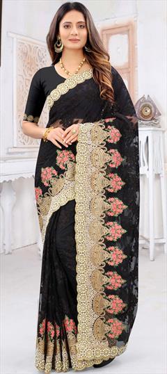 Engagement, Festive, Wedding Black and Grey color Saree in Net fabric with Classic Embroidered, Moti, Resham, Stone, Zari work : 1761460