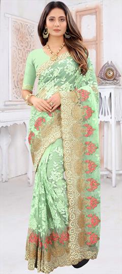 Engagement, Festive, Wedding Green color Saree in Net fabric with Classic Embroidered, Moti, Resham, Stone, Zari work : 1761469