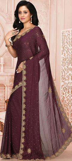 Festive, Wedding Pink and Majenta color Saree in Brasso fabric with Classic Bugle Beads, Cut Dana, Stone work : 1761483