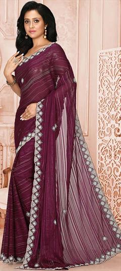 Festive, Wedding Pink and Majenta color Saree in Brasso fabric with Classic Bugle Beads, Thread work : 1761490
