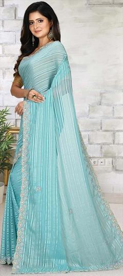 Festive, Wedding Blue color Saree in Brasso fabric with Classic Bugle Beads, Thread work : 1761491