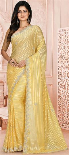Festive, Wedding Yellow color Saree in Brasso fabric with Classic Bugle Beads, Thread work : 1761494