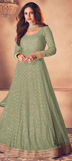 Bollywood Green color Salwar Kameez in Georgette fabric with Anarkali Embroidered, Lace, Sequence, Thread work : 1761550