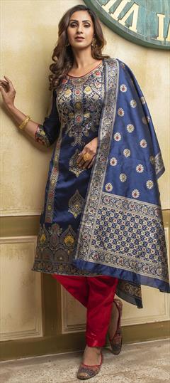 Festive, Party Wear Blue color Salwar Kameez in Banarasi Silk fabric with Straight Weaving work : 1761576
