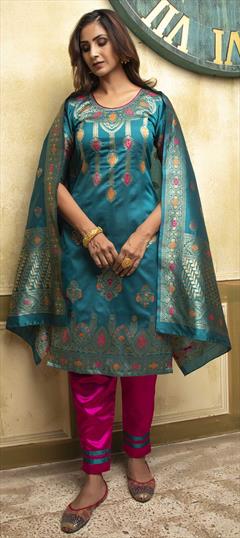 Festive, Party Wear Blue color Salwar Kameez in Banarasi Silk fabric with Straight Weaving work : 1761578