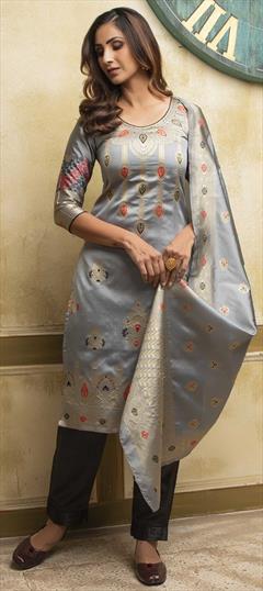 Festive, Party Wear Black and Grey color Salwar Kameez in Banarasi Silk fabric with Straight Weaving work : 1761581