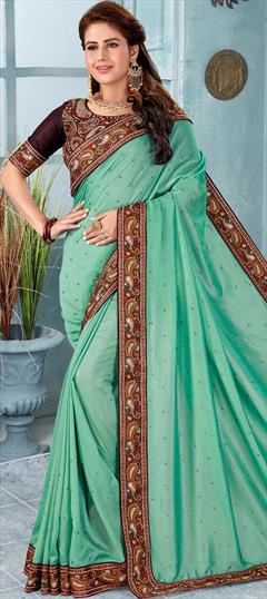 Traditional, Wedding Blue color Saree in Art Silk, Silk fabric with South Border, Embroidered, Stone, Thread work : 1761699