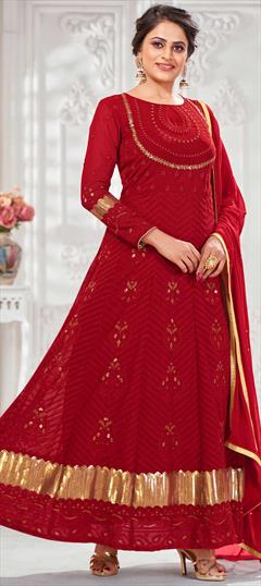 Engagement, Festive, Mehendi Sangeet Red and Maroon color Salwar Kameez in Georgette fabric with Anarkali Embroidered, Lace, Sequence, Thread work : 1762233