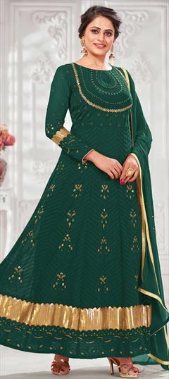 Engagement, Festive, Mehendi Sangeet Blue color Salwar Kameez in Georgette fabric with Anarkali Embroidered, Lace, Sequence, Thread work : 1762234