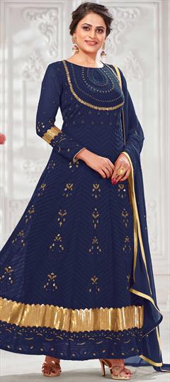Engagement, Festive, Mehendi Sangeet Blue color Salwar Kameez in Georgette fabric with Anarkali Embroidered, Lace, Sequence, Thread work : 1762236