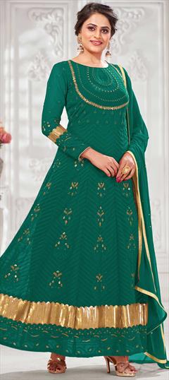 Engagement, Festive, Mehendi Sangeet Blue color Salwar Kameez in Georgette fabric with Anarkali Embroidered, Lace, Sequence, Thread work : 1762240