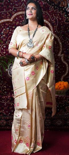 Traditional Beige and Brown color Saree in Linen fabric with Bengali Weaving work : 1762292