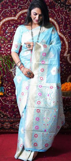 Traditional Blue color Saree in Linen fabric with Bengali Weaving work : 1762293