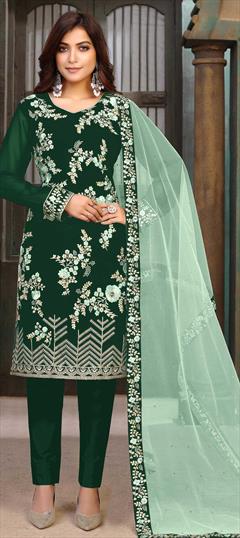 Festive, Party Wear Green color Salwar Kameez in Faux Georgette fabric with Straight Embroidered, Thread work : 1762415