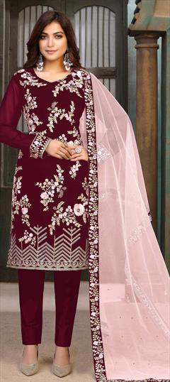 Festive, Party Wear Red and Maroon color Salwar Kameez in Faux Georgette fabric with Straight Embroidered, Thread work : 1762417