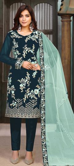 Festive, Party Wear Blue color Salwar Kameez in Faux Georgette fabric with Straight Embroidered, Thread work : 1762419