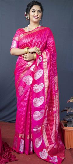 Traditional Pink and Majenta color Saree in Linen fabric with Bengali Weaving work : 1762555