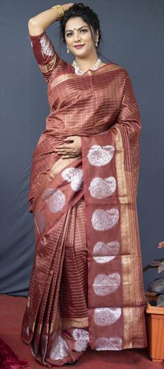 Traditional Red and Maroon color Saree in Linen fabric with Bengali Weaving work : 1762556